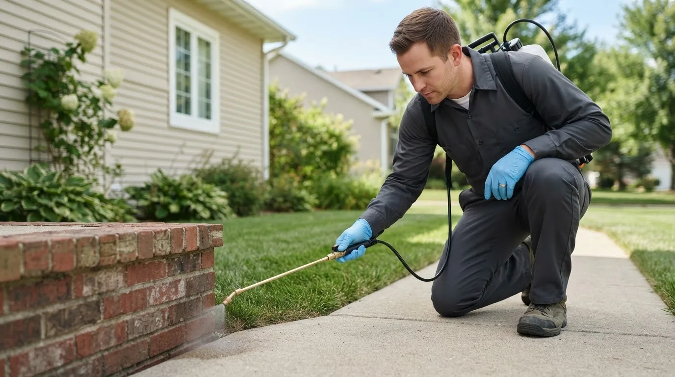 Pest control technician treating a home near Monett, MO
