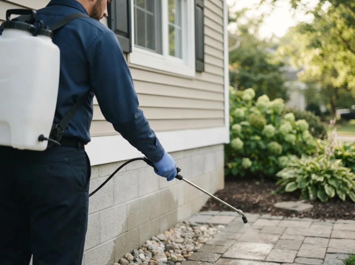 Pest control technician inspecting a home in Monett, MO